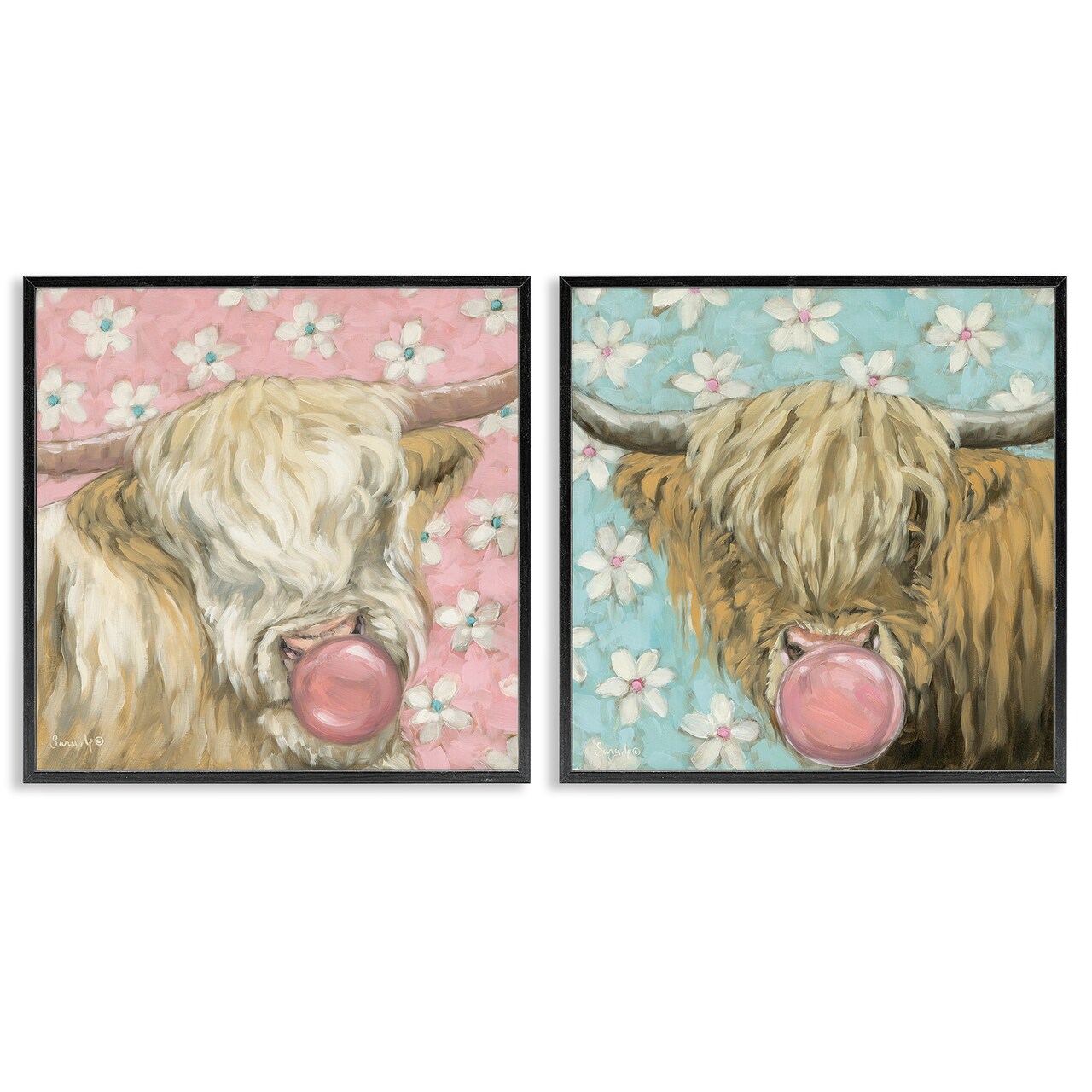 Stupell Industries Cute Bubblegum Highland Cattles 2pc Framed Giclee Set, design by Sara G. Designs